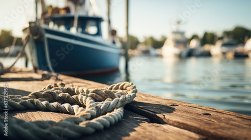 A boat docked at the pier with ropes securing it, set against a blurred background.
