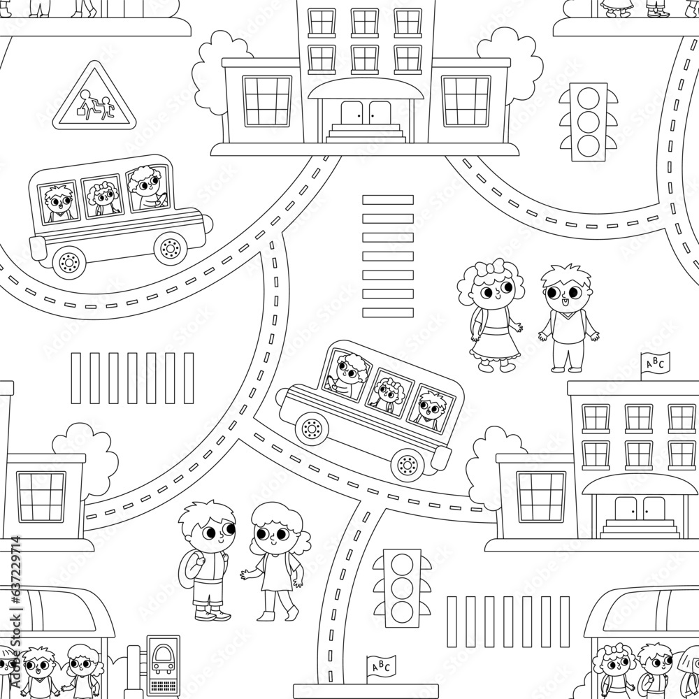 Vector black and white transportation seamless pattern with children. Funny school bus repeating background with driver, little schoolchildren, bus stop, building for kids. Cute coloring page.