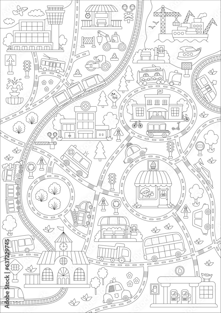 City black and white transport map. Line background with railway, roads, traffic signs for kids. Vector infographic elements with train, cars, tram, truck. Urban coloring page with airport, seaport.