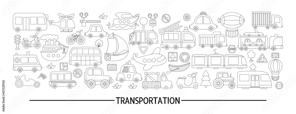 Vector black and white transportation horizontal set with different kinds of transport. Line road trip card template design for banners, invitations. Cute illustration, coloring page with bus, car.