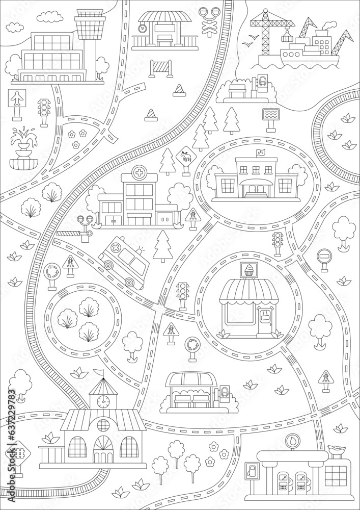 City black and white map with roads and railway. Line empty background with rails, traffic signs for kids. Vector infographic elements without transport. Urban coloring page with places and buildings.