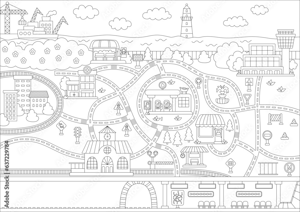 City black and white map without transport. Line background with roads, railway, underground. Vector infographics. Urban coloring page with airport, metro, buildings, seaport, station for kids.