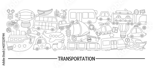 Vector black and white transportation horizontal set with different kinds of transport. Line road trip card template or frame design for banners. Cute illustration, coloring page with bus, car, boat.