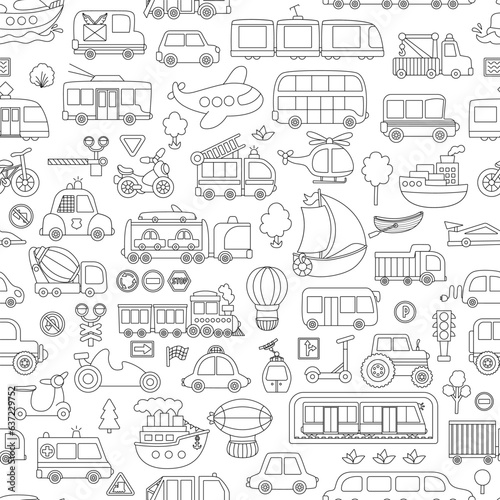 Vector black and white transportation seamless pattern. Funny line water, land, air underground transport repeat background for kids. Cars and vehicles digital paper. Cute coloring page.