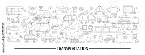 Vector black and white transportation horizontal set with different kinds of transport. Line road trip card template design for banners, invitations. Cute illustration, coloring page with bus, car. photo