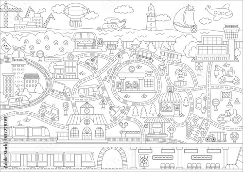 City black and white transport map. Line background with land, underground, water and air transport. Vector infographics with train, car, tram, truck. Urban coloring page with airport, metro for kids