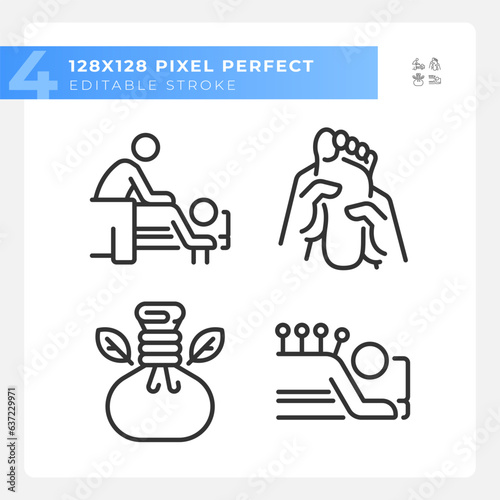 Pixel perfect black icons set representing wellness, editable thin line illustration.