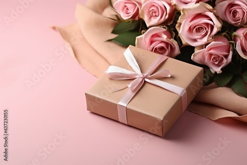 Mother s Day theme  Pink rose  kraft gift box on pink table backdrop. Generative AI