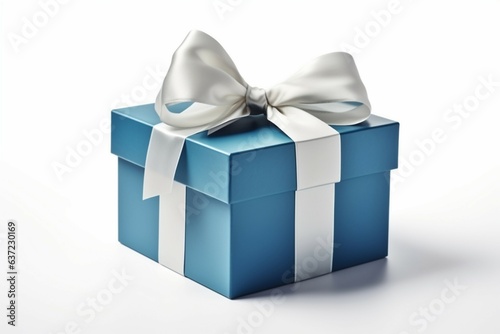 Opened blue box, adorned with graceful white bow. Standing out on white. Generative AI © Muhammad Shoaib