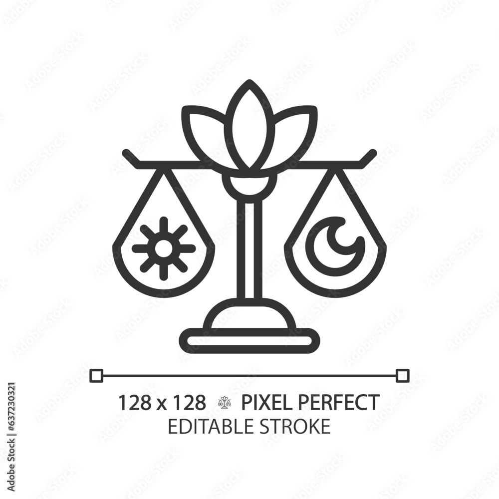 Fototapeta premium 2D pixel perfect editable black day and night balance icon, isolated vector, meditation thin line illustration.