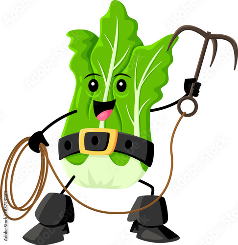 Fototapeta Naklejka Na Ścianę i Meble -  Cartoon chinese cabbage pirate and corsair vegetable character. Isolated vector playful raw farm veggies personage with a mischievous grin, wielding a grappling hook, ready for an adventurous voyage