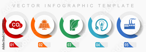 Industrial icon set, miscellaneous icons such as carbon dioxide, solar power,  renewable energy and factory, flat design vector infographic template, web buttons in 5 color options