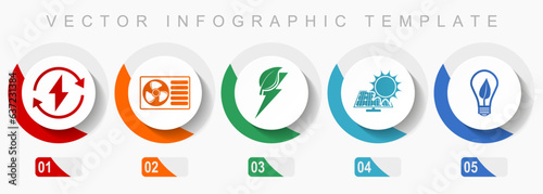 Renewable energy icon set, miscellaneous icons such as heat pump, green power and solar energy, flat design vector infographic template, web buttons in 5 color options