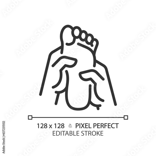 2D pixel perfect editable black foot massage icon, isolated vector, thin line illustration.