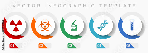 Science icon set, miscellaneous icons such as radiation, biohazard, microscope, dna and test tube, flat design vector infographic template, web buttons in 5 color options