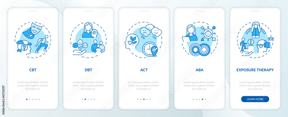 2D icons representing behavioral therapy mobile app screen set. Walkthrough 5 steps blue graphic instructions with linear icons concept, UI, UX, GUI template.