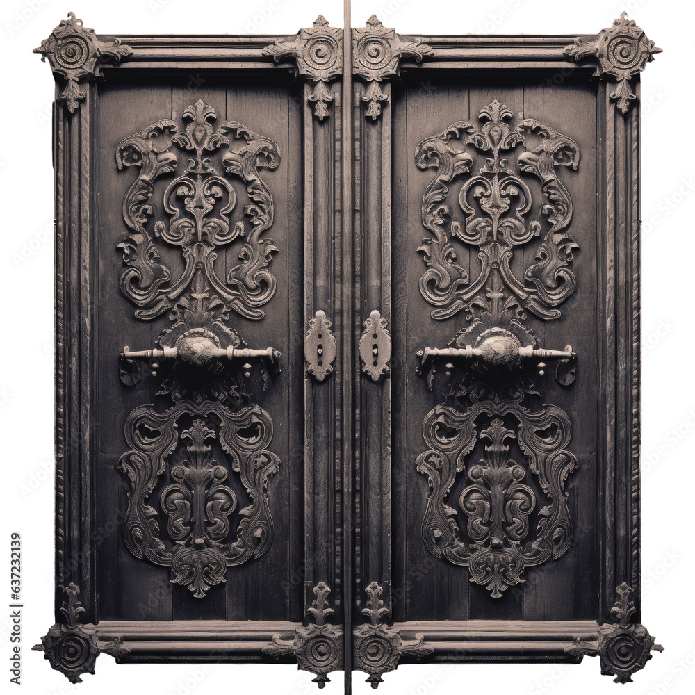 Low angle ornate wooden door in black and white Low angle ornate wooden door in black and white
