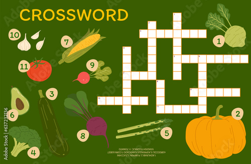 Agricultural crossword quiz game with autumn harvest raw vegetables. Crossword puzzle, vocabulary game vector worksheet with garlic, corn, tomato and radish, avocado, zucchini, pumpkin farm veggies