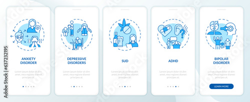 2D icons representing behavioral therapy mobile app screen set. Walkthrough 5 steps blue graphic instructions with linear icons concept, UI, UX, GUI template.