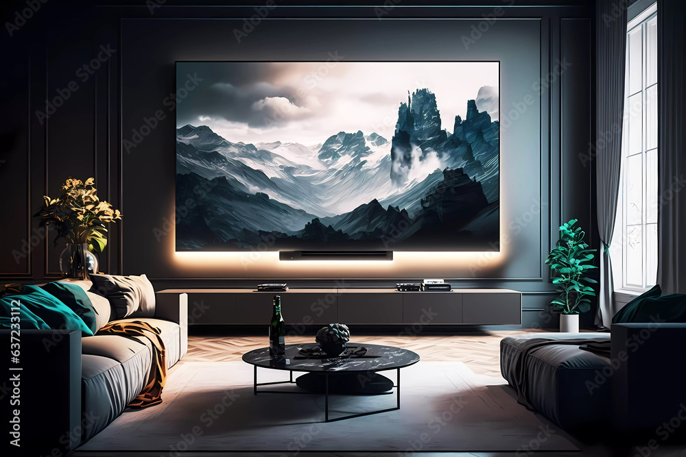 Fototapeta premium Big tv screen on the wall in modern interior room. Generative ai design concept.