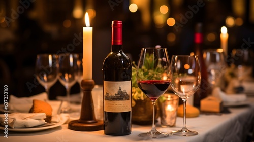 ワインとワインボトル、ディナー前にテーブルに置かれた赤ワイン