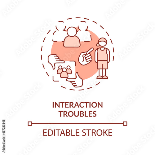 2D editable interaction troubles red thin line icon concept, isolated vector, monochromatic illustration representing behavioral therapy.