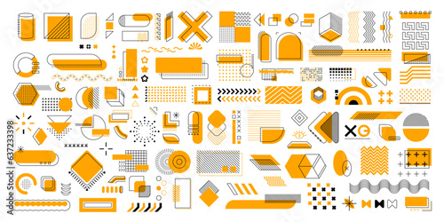 Memphis geometric shapes, vector collection of art and design elements featuring simple, clean lines and patterns. Yellow colored thin line art details representing modern and minimalistic aesthetics