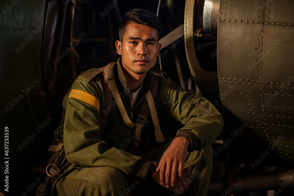 A south-east asian man in engineer uniform siting near repair aircraft A south-east asian man in engineer uniform siting near repair aircraft