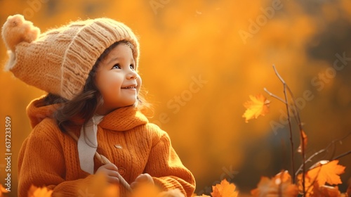 紅葉と子供、秋のオレンジ色の自然を楽しむ女の子