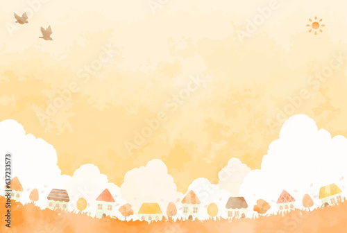 可愛い手描きの秋の町並みイラスト