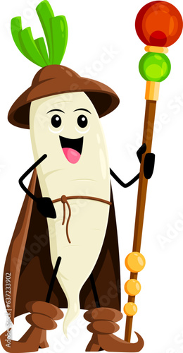 Cartoon Halloween daikon radish vegetable mage character. Isolated vector mystical wizard veggies possessing extraordinary magical abilities, conjuring spells and harnessing the power of sorcery