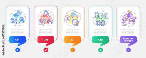 2D behavioral therapy vector infographics template with multicolor line icons, data visualization with 5 steps, process timeline chart. photo