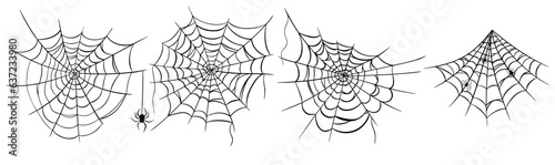 Spider web simple black silhouette icon set for Halloween isolated on white background. Flat spiderweb or cobweb symbol vector illustration. Graphic design clip art element collection.