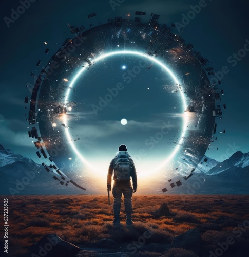 A man stands in front of a large portal