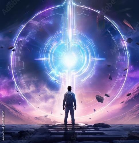 A man stands in front of a large portal