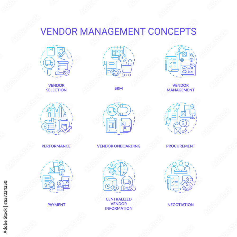 2D icons set representing vendor management concepts, isolated vector, thin line gradient illustration.