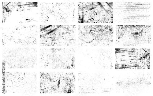 Collection of urban grungy textures. Dirty and distressed paint on old wall. Crackle line and scratch on concrete and stone surface. Abstract vector background in black and white color.