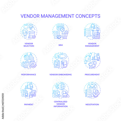 2D icons set representing vendor management concepts, isolated vector, thin line gradient illustration.