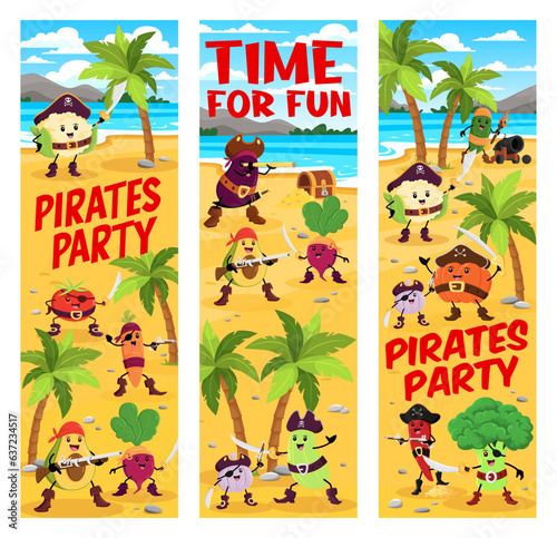 Cartoon vegetable pirate or corsair characters, kids party vector banners. Kindergarten costume game or birthday party with funny Caribbean carrot pirate, broccoli filibuster and garlic captain sailor