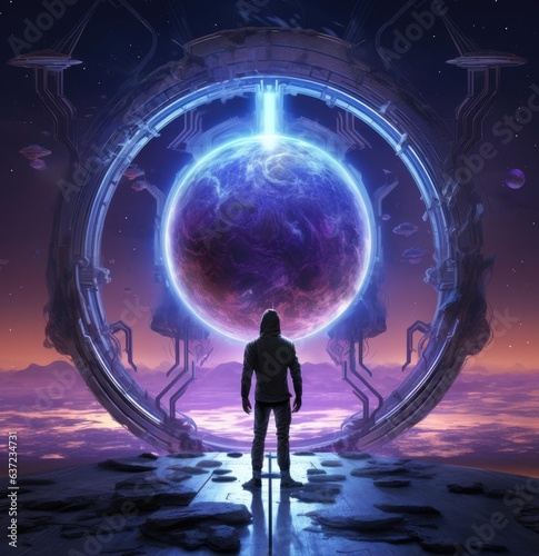 A man stands in front of a large portal