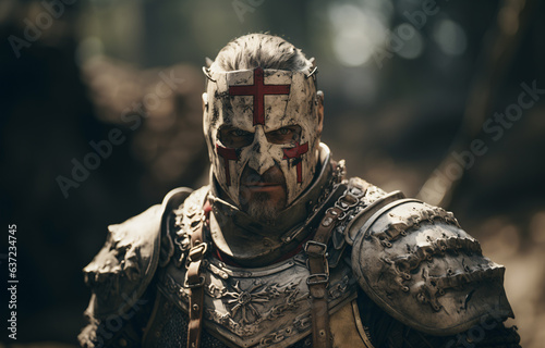 An eye-level capture of a templar knight with red cross cover mask, a mix of determination and fear reflected in his eyes, standing on fight scene   photo