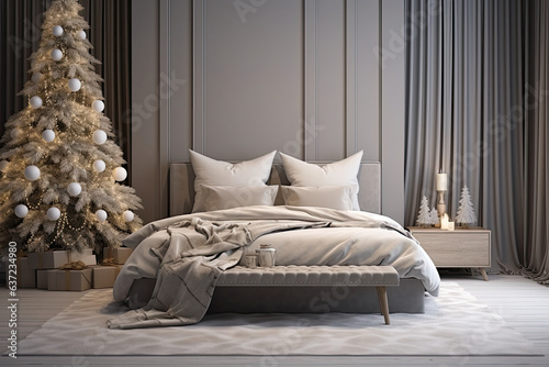 Interior of bedroom with Christmas decoration. Generative ai
