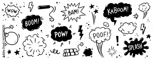 Comic bomb boom vector element. Hand drawn cartoon explosion bomb effect, splash, exclamation smoke element. Doodle hand drawn text boom, pow, wow. Vector illustration. photo