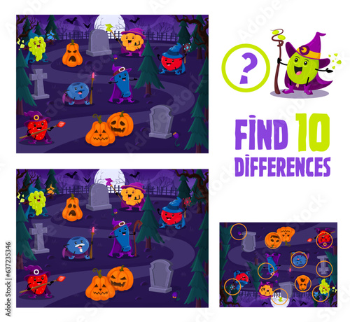 Find ten differences, cartoon Halloween berry wizards and mages at cemetery. Kids game vector worksheet with grape, strawberry, blueberry and honeyberry, cloudberry and cranberry warlock characters