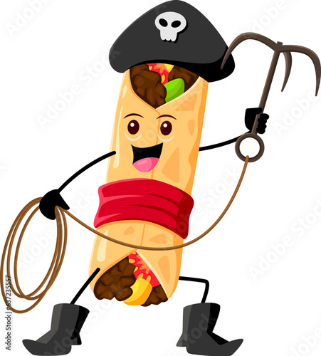 Cartoon burrito pirate and corsair tex mex mexican food character with a grappling hook. Isolated vector traditional Mexico cuisine personage ready to conquer the high seas with a taste for adventure