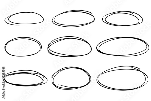 Sketch highlight ovals frames. Doodle marker hand drawn highlight scrawl circles frame. Highlighting text and important objects. Round scribble frames. Stock vector illustration isolated on white.