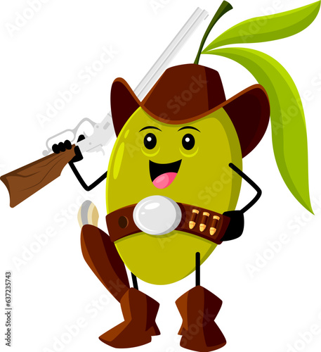 Cartoon Wild West olive vegetable cowboy or ranger character. Isolated vector rugged and determined fresh veggies dressed as a cowpuncher, armed with a rifle gun, ready for action in the wild west