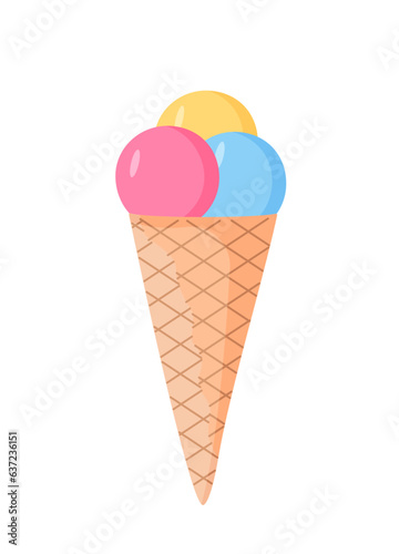 Cartoon ice cream in waffle cups cone. Vector illustration of a summer dessert. Single color isolate on white.