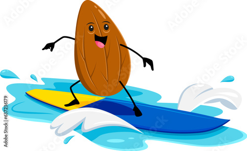 Cartoon cheerful almond nut character enjoys summer beach vacation, catching waves on a surfboard. Isolated vector personage at perfect adventure-filled getaway with shining sun and crashing waves