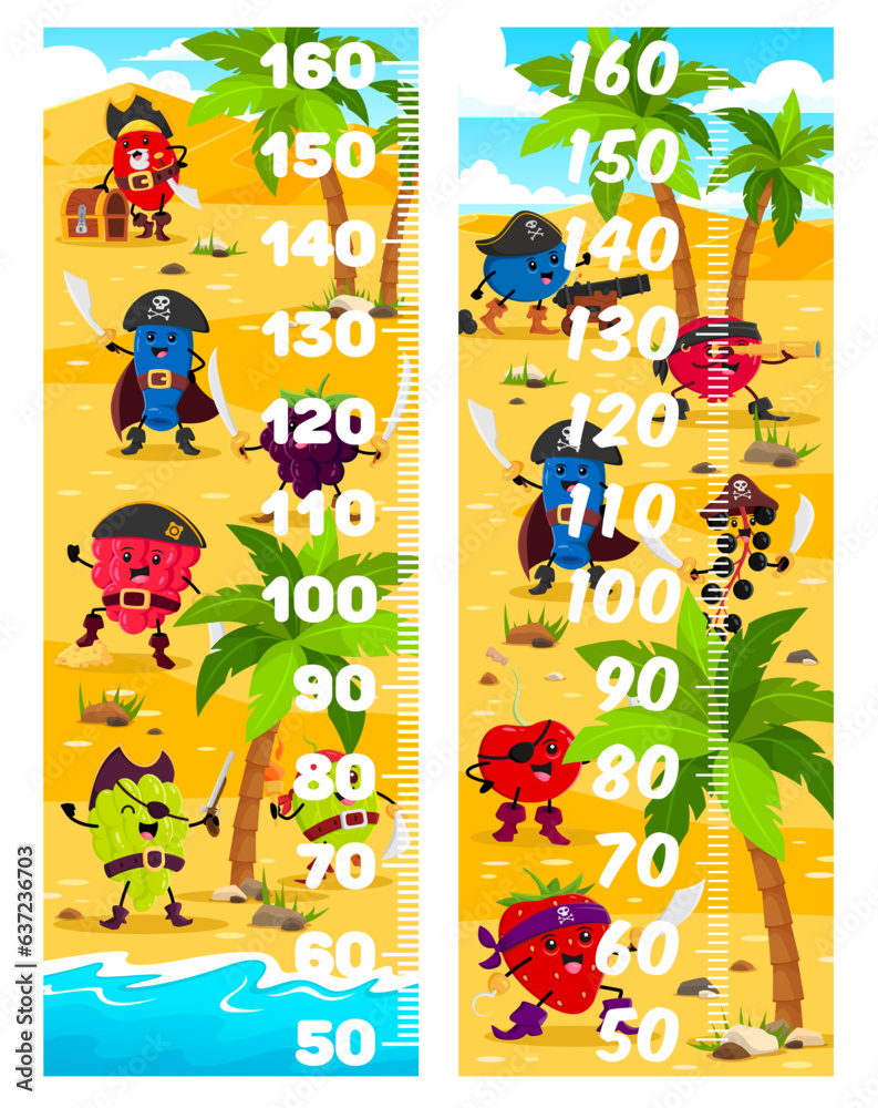 Fototapeta premium Kids height chart with berry pirates and corsairs on island. Vector growth meter with honeyberry, barberry and blackberry. Strawberry, gooseberry, and blueberry. Cranberry or cherry cartoon characters